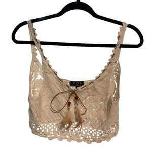 POL‎ Beige Crochet Crop Top with Feather Detail
